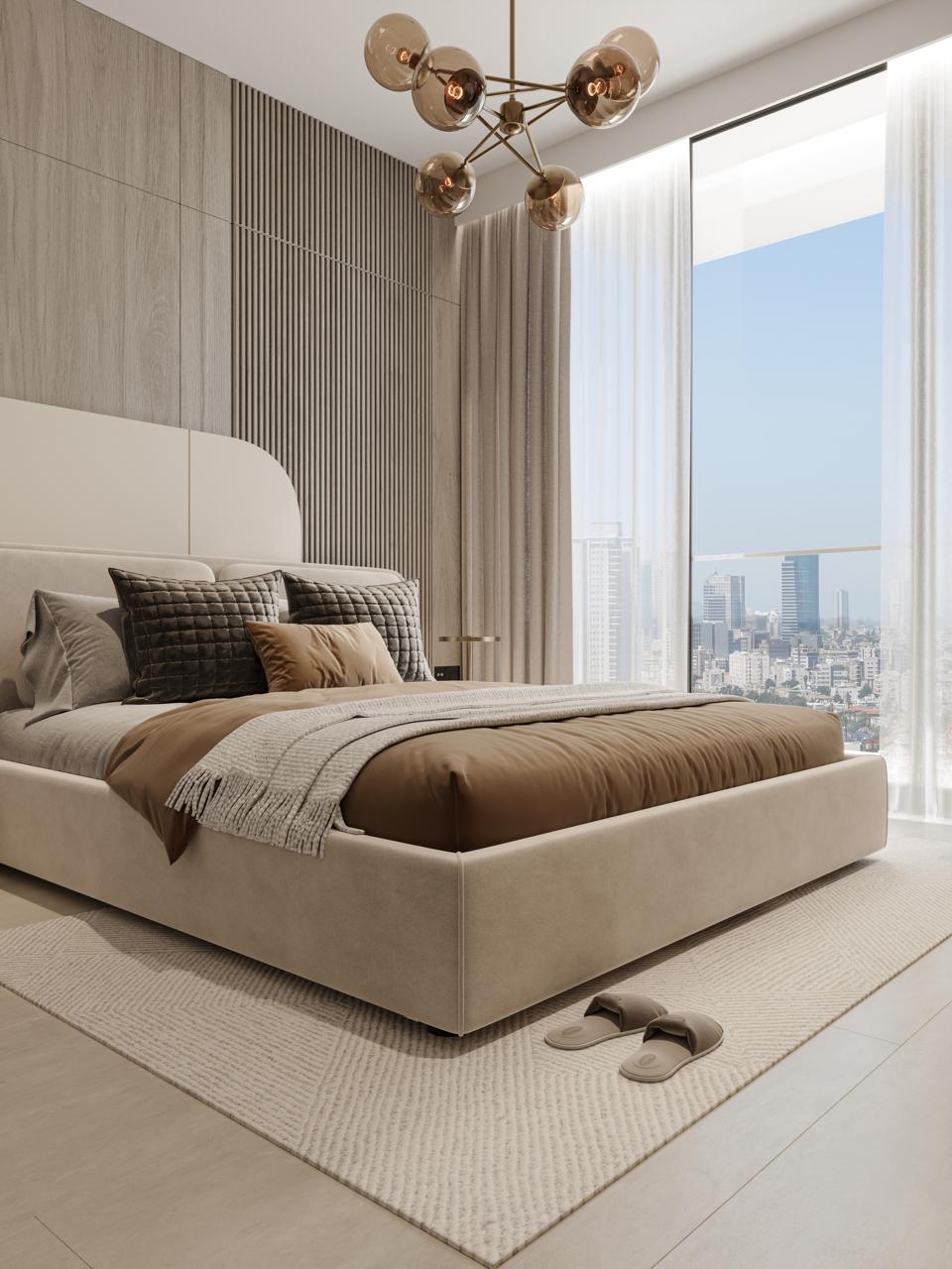 Pearl House 4 By Imtiaz A stylish modern bedroom featuring a large bed, elegant decor, and a panoramic city view through the window.